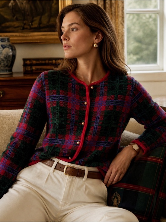 Vintage Sweaters - Vintage 100% Wool Cardigan Plaid Nordic Red Green Gold Buttons Size M Old Money